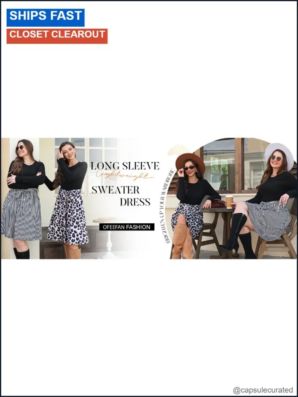 Women's Long Sleeve Sweater Dress with Pockets Crew Neck Midi A-Line Sash
